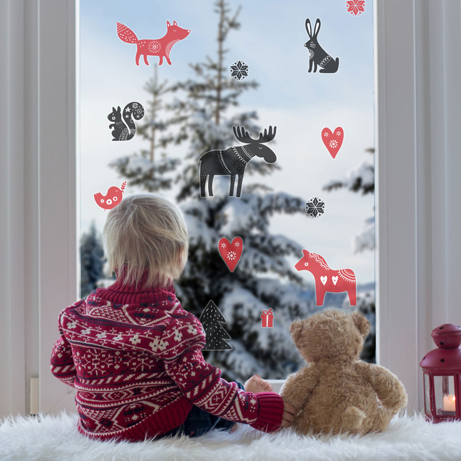 Scandi Winter Animal Window Stickers regular size on a window