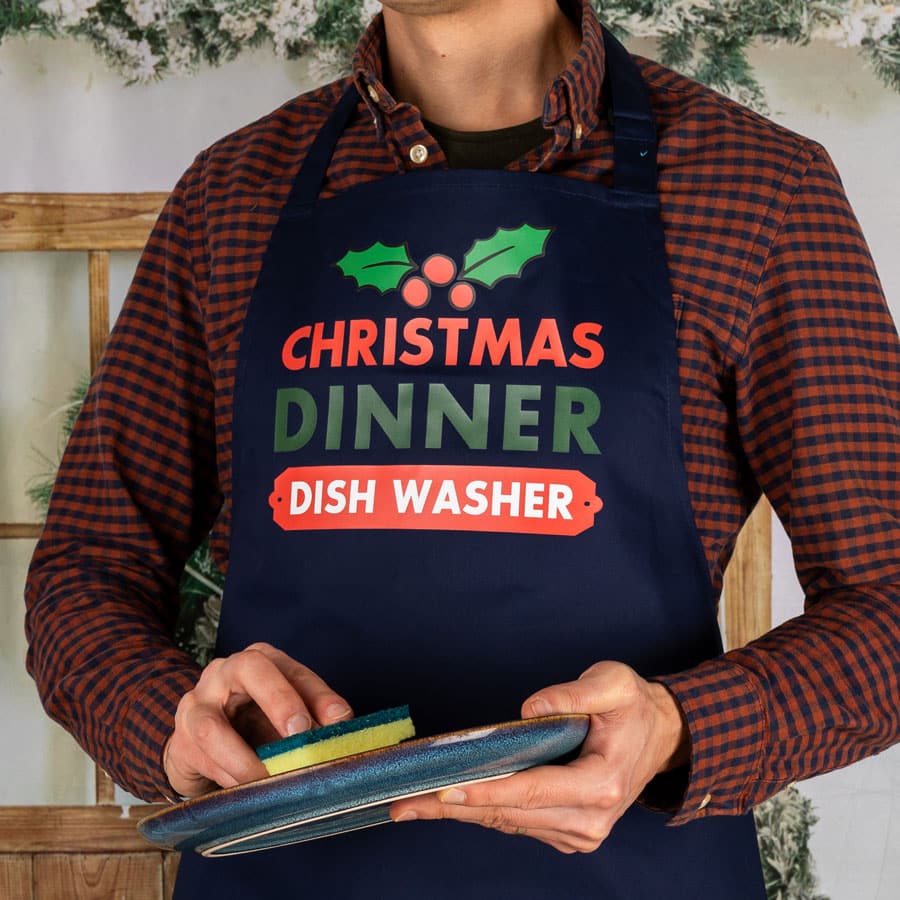 Personalised christmas apron for man featuring dish washer text novelty funny apron cooking