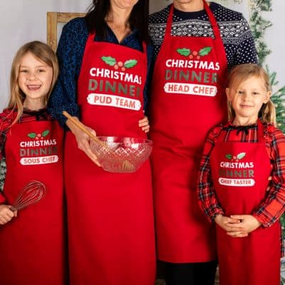 Personalised Christmas Dinner aprons with family matching aprons for adults and children red