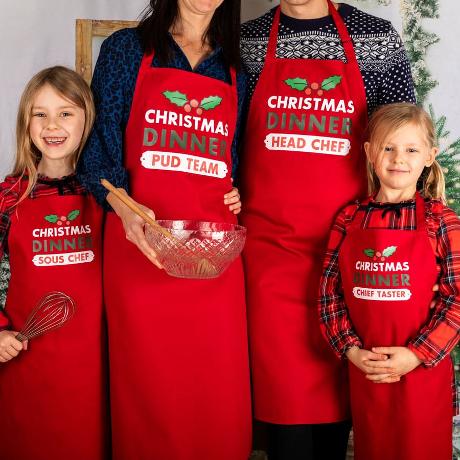Personalised Christmas Dinner aprons with family matching aprons for adults and children red