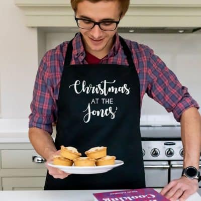 personalised family apron in black christmas themed gift