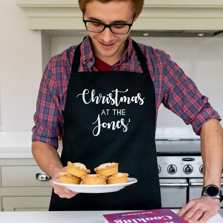 personalised family apron in black christmas themed gift