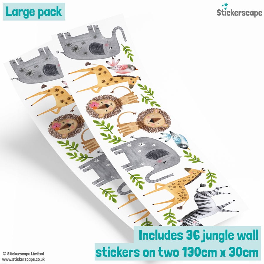 safari themed wall stickers showing what comes in a large sized pack
