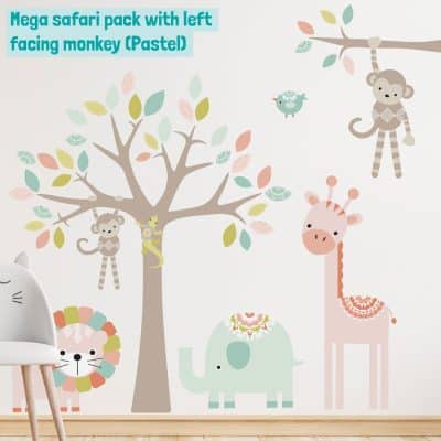 mega safari pack with left facing monkey in pastel on a bedroom wall
