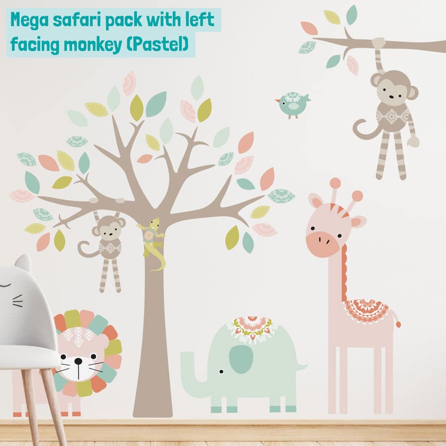 mega safari pack with left facing monkey in pastel on a bedroom wall
