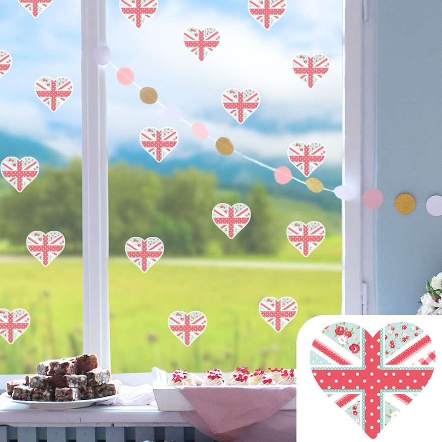 Cute Union Jack Hearts Window Sticker Pack, option 1 displayed on a window