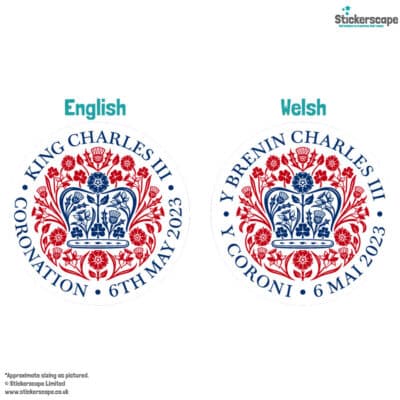 official coronation logo window sticker in English and Welsh shown on a white background