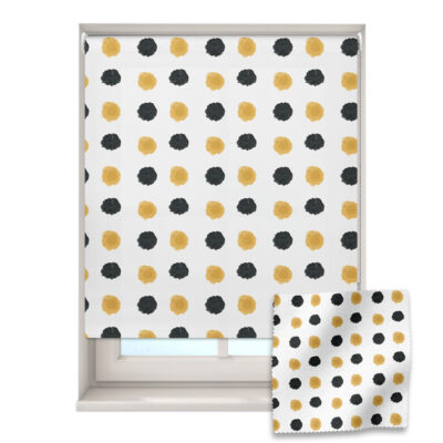 savannah spots roller blind on a window with a fabric swatch in front