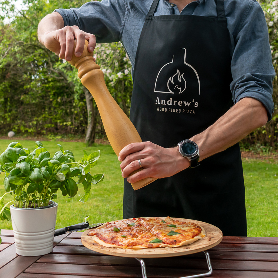 personalised wood fried pizza apron in black