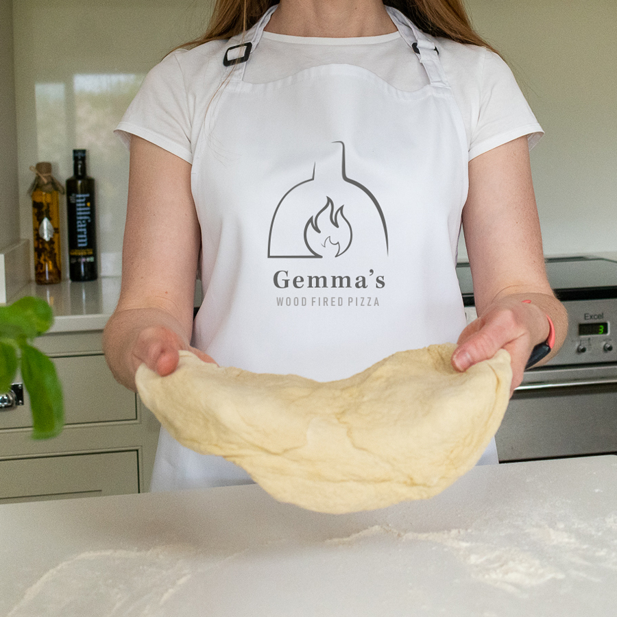 personalised wood fried pizza apron in white
