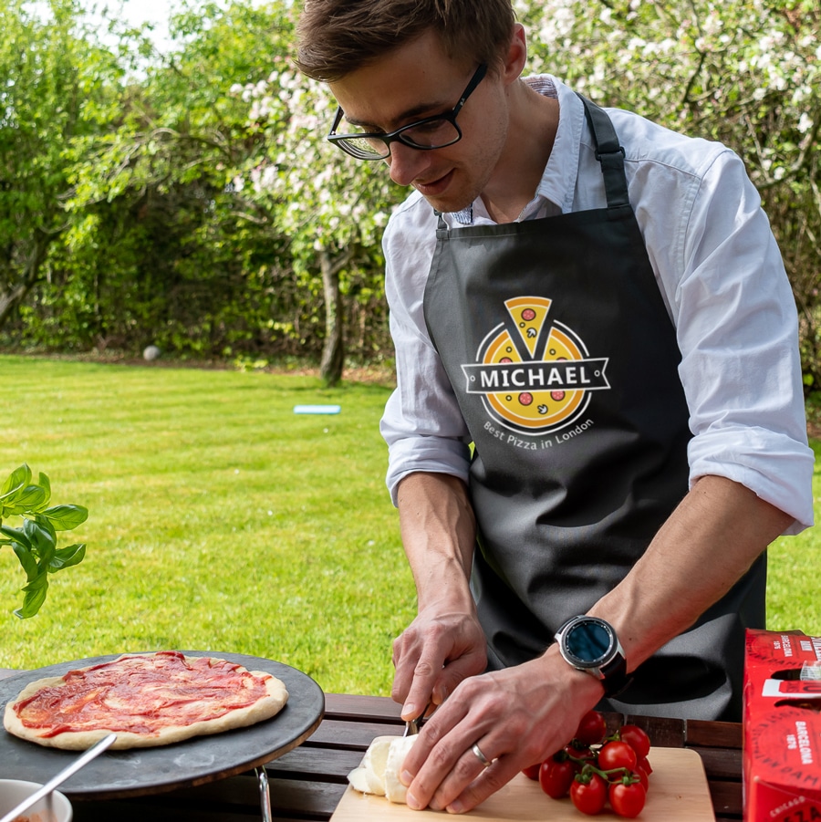 Personalised papa-roni pizza apron in grey