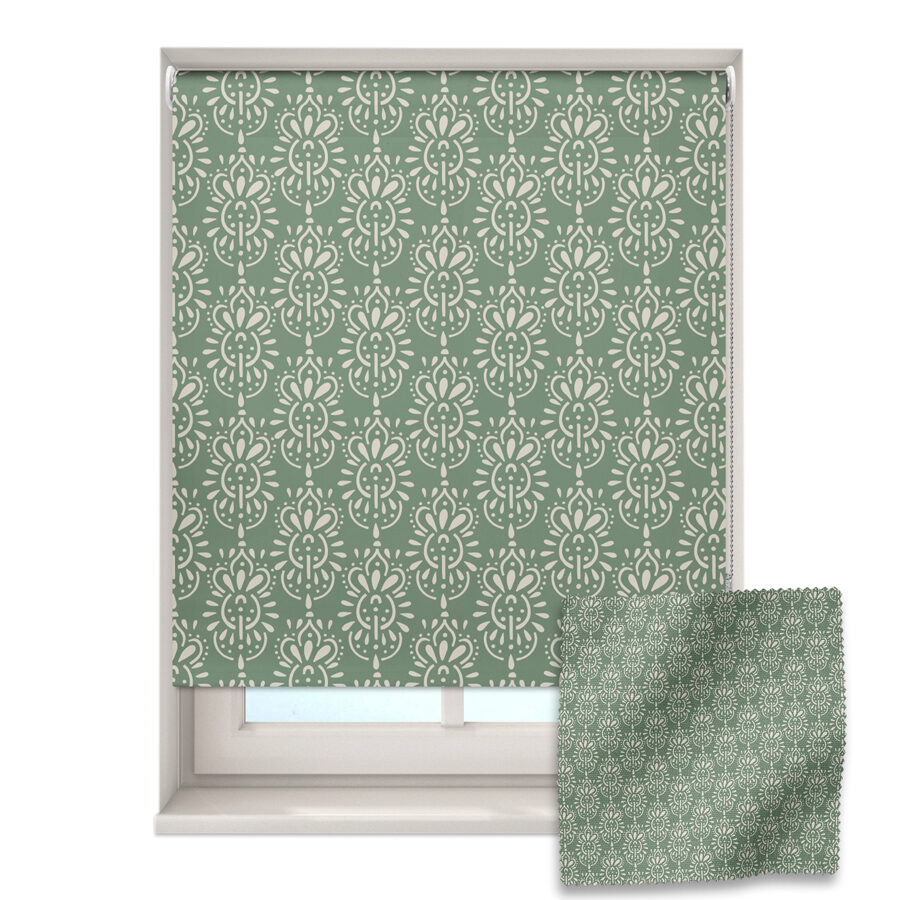 sage boho roller blind on a window with a fabric swatch in front