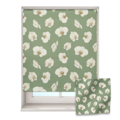 green jungle orchid roller blind on a window with a fabric swatch in front