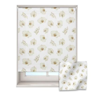 white jungle orchid roller blind on a window with a fabric swatch in front
