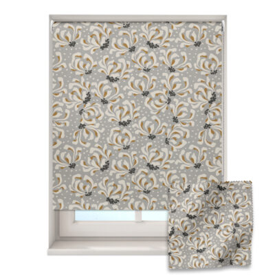 safari flowers roller blind on a window with a fabric swatch in front