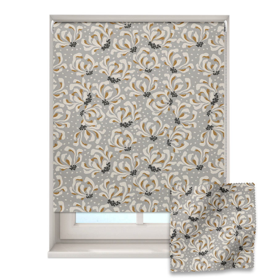 safari flowers roller blind on a window with a fabric swatch in front
