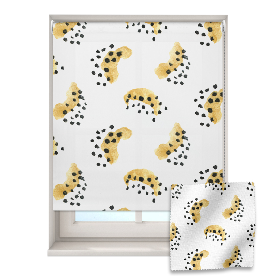Watercolour cheetah print roller blind on a window with a fabric swatch in front