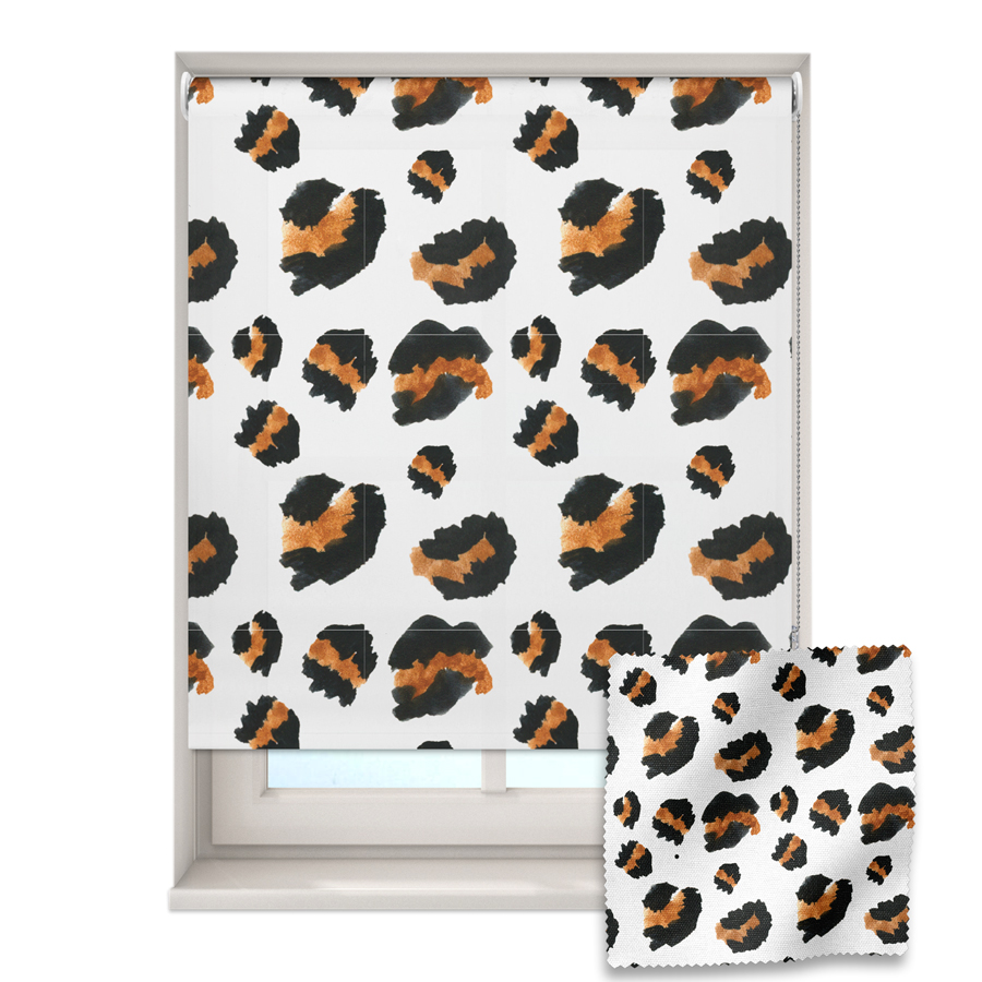 bronze leopard print roller blind on a window with a fabric swatch in front