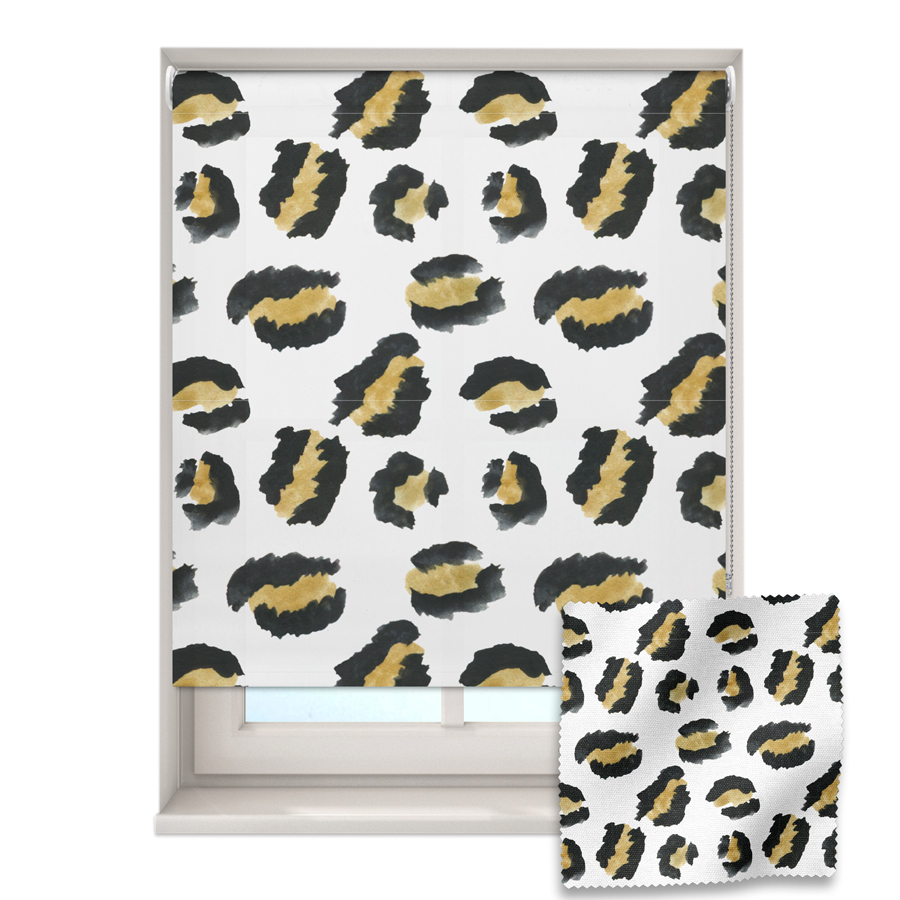 gold leopard print roller blind on a window with a fabric swatch in front