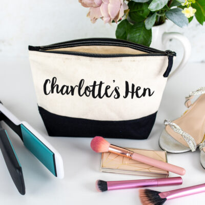 personalised hen wash bag in black with black text