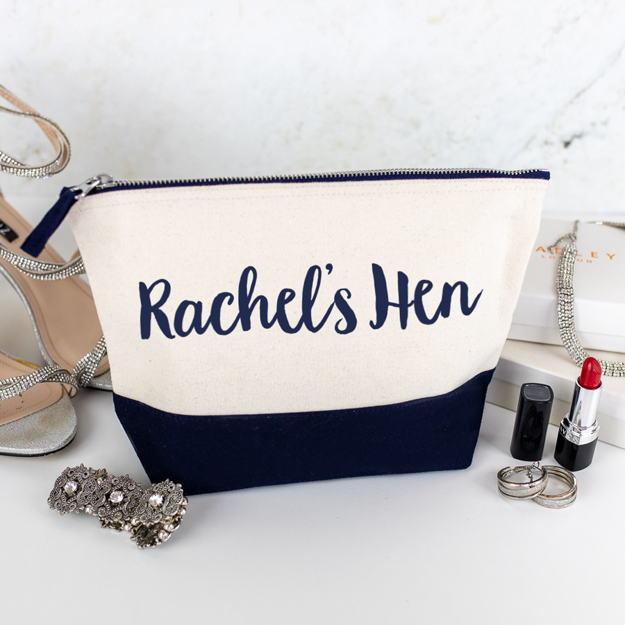 personalised hen wash bag in navy with navy text