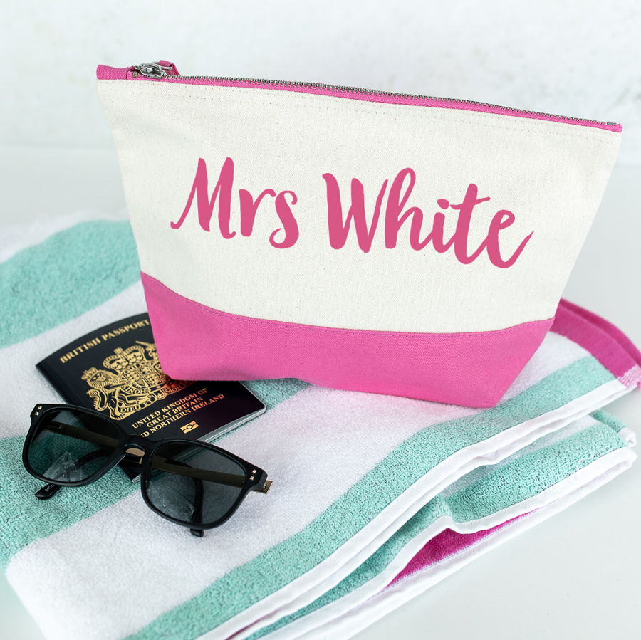 personalised last name wash bag in pink with pink text