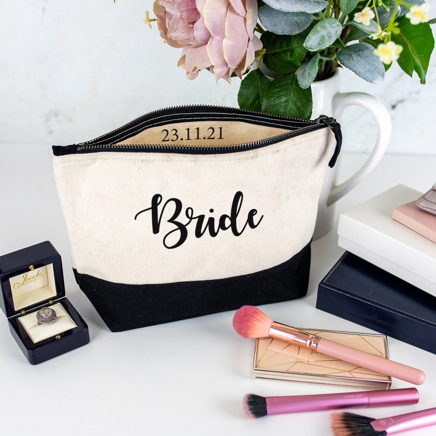 bridal party wash bag in black with black text