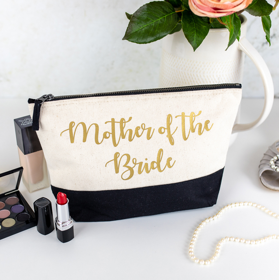 bridal party wash bag in black with gold text