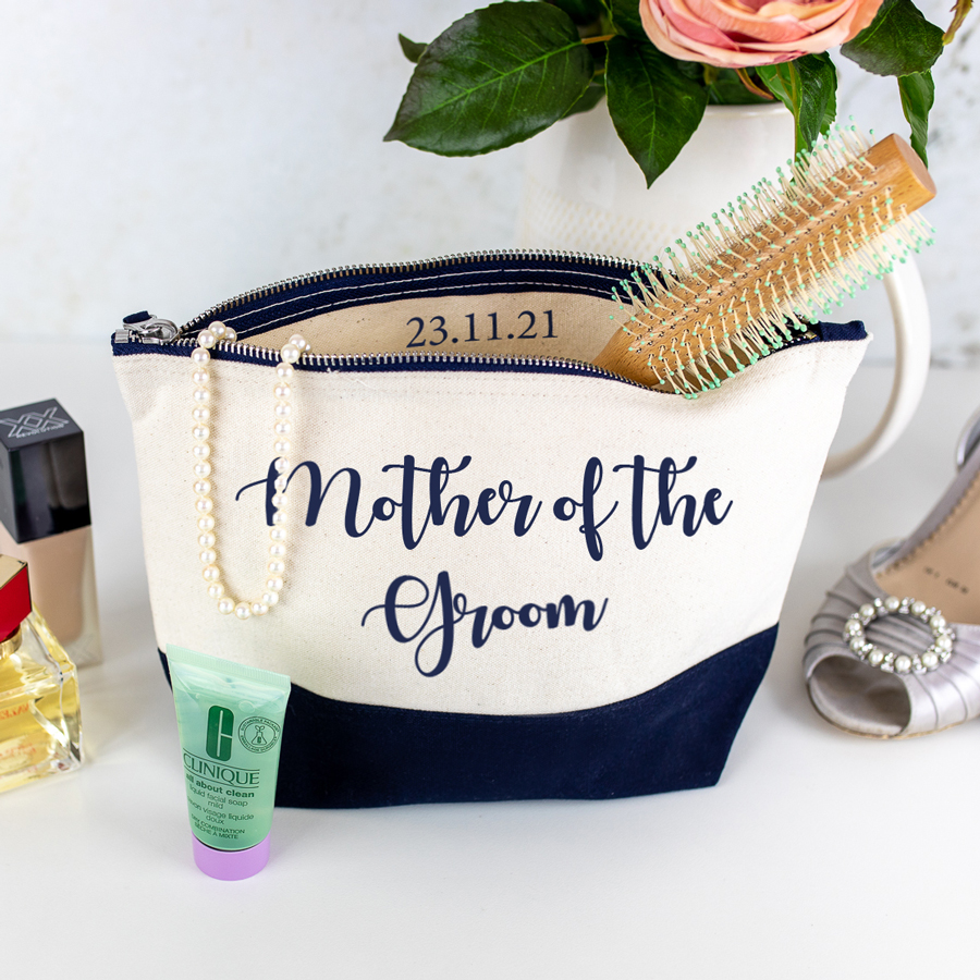 bridal party wash bag in navy with navy text