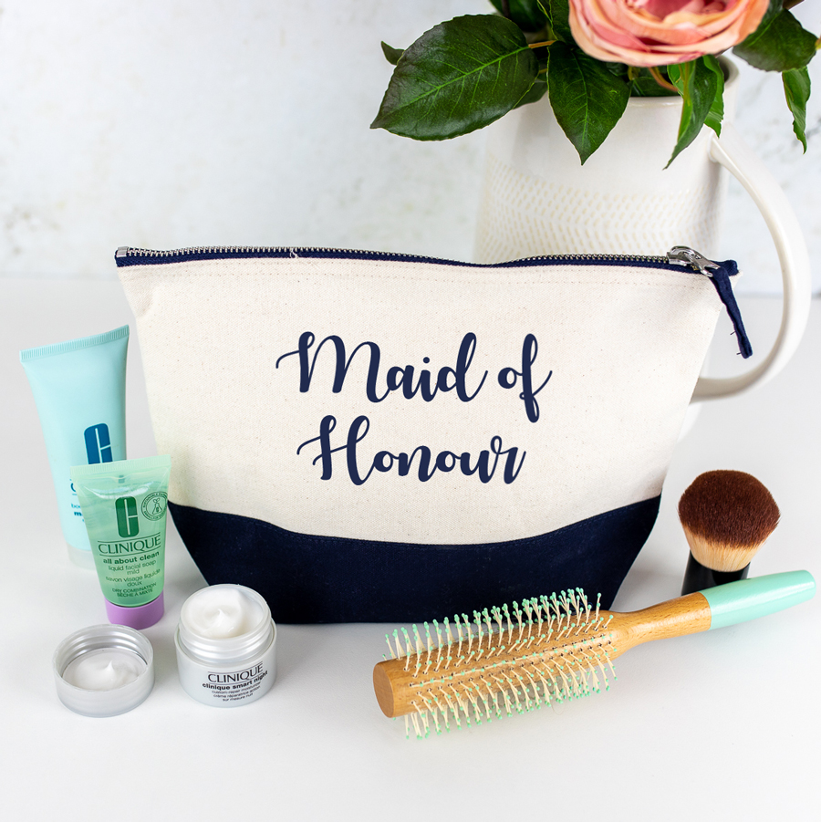 bridal party wash bag in navy with navy text
