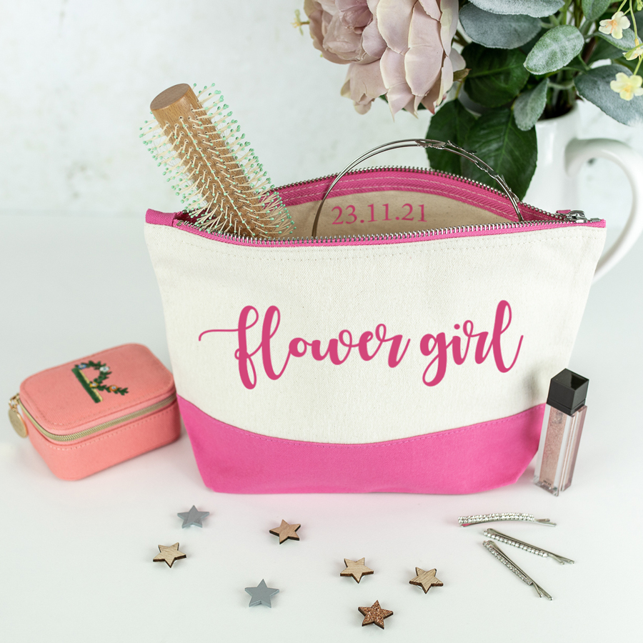 bridal party wash bag in pink with pink text