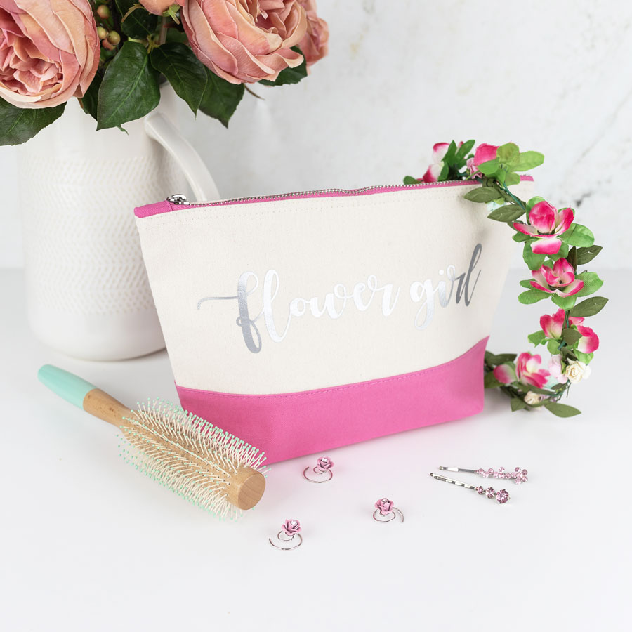 bridal party wash bag in pink with silver text