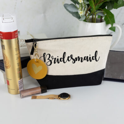 bridal party bundle, black bag with black text, mustard keyring with gold foil heart