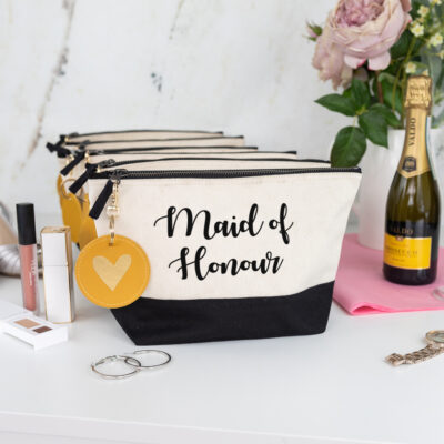 bridal party bundle, black bag with black text, mustard keyring with gold foil heart