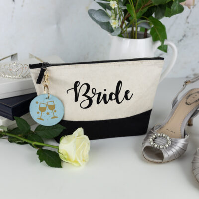 bridal party bundle, black bag with black text, blue keyring with wine glasses