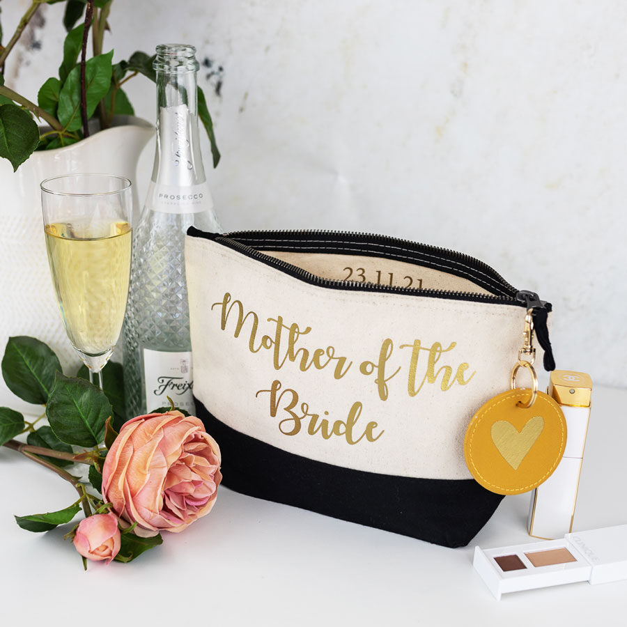bridal party bundle, black bag with gold text, mustard keyring with gold foil heart