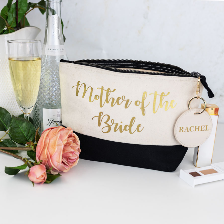 bridal party bundle, black bag with gold text, oyster keyring with name