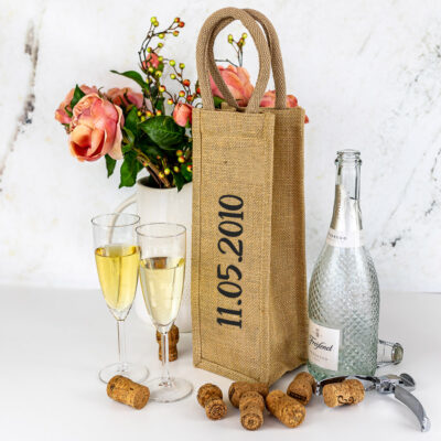 personalised surname bottle bag side showing date