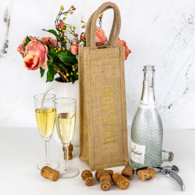 congratulations bottle bag, gold, side showing date