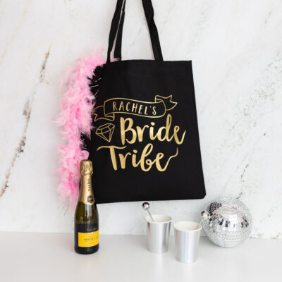 bride tribe tote bag in black with gold text