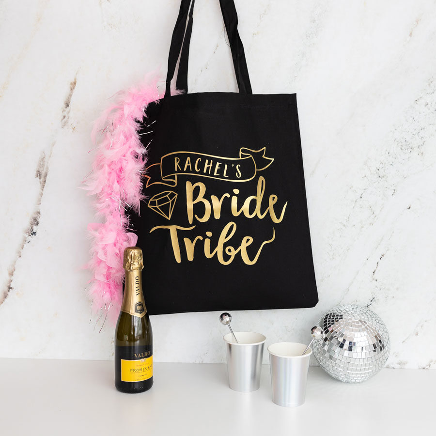 bride tribe tote bag in black with gold text