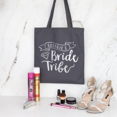 bride tribe tote bag in grey with silver text