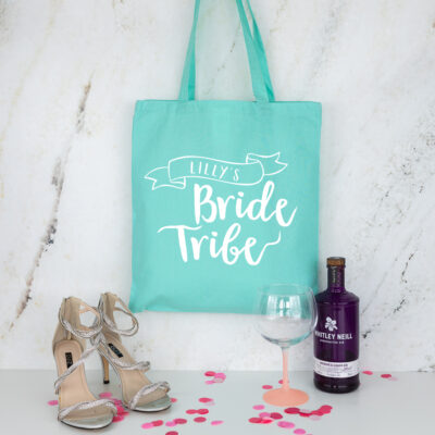 bride tribe tote bag in mint with white text