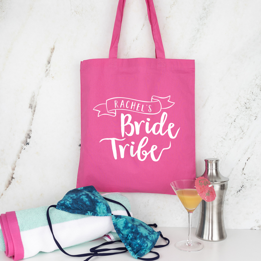 bride tribe tote bag in pink with white text