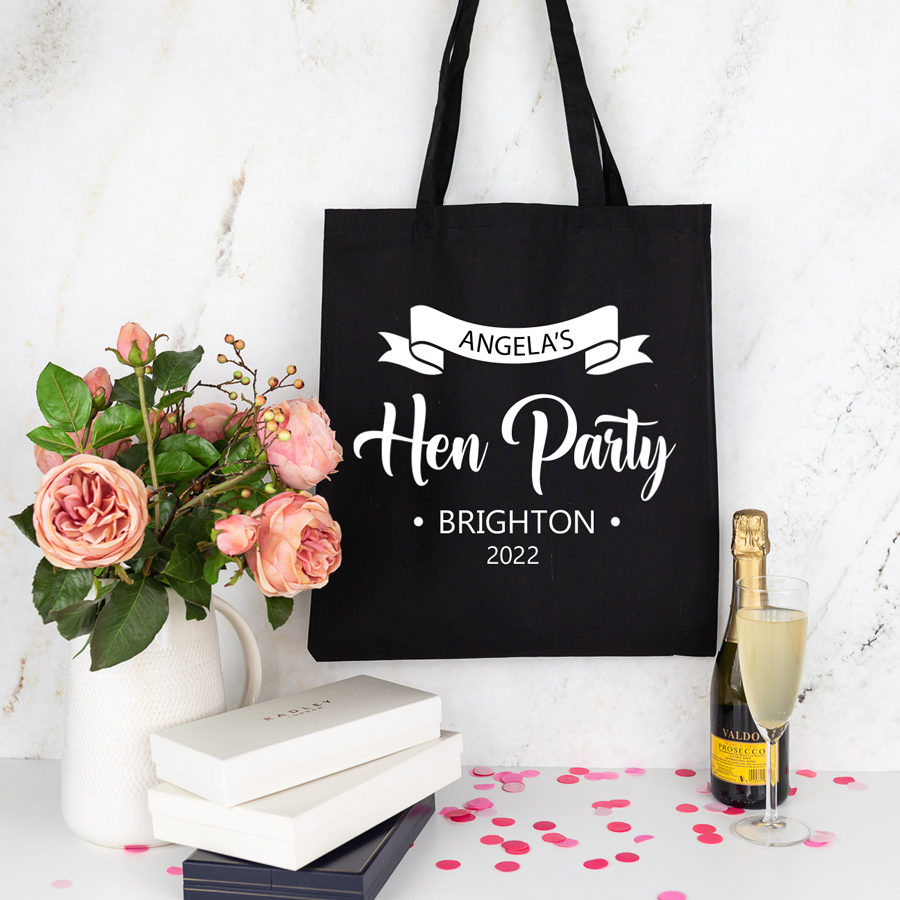 Hen party tote bag in black with white text