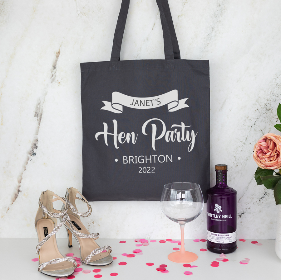 Hen party tote bag in grey with white text