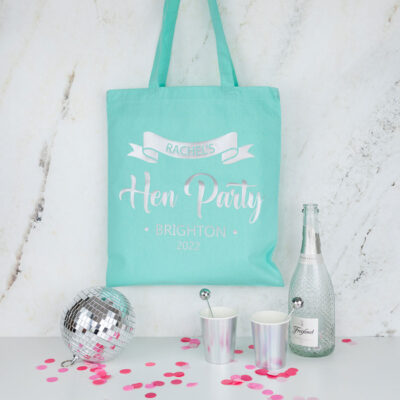 Hen party tote bag in mint with silver text