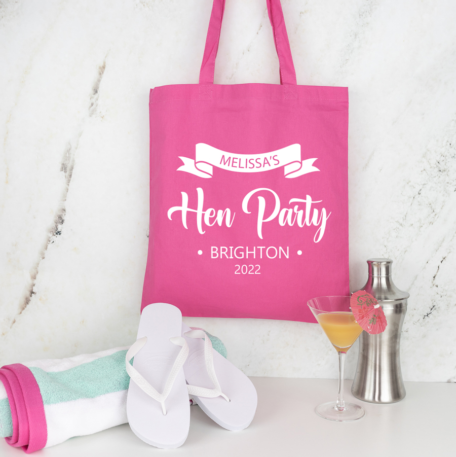 Hen party tote bag in pink with white text