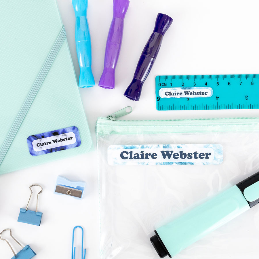 Blue tie dye name labels on stationery