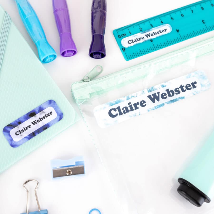 Blue Tie Dye Name Label Pack on stationary